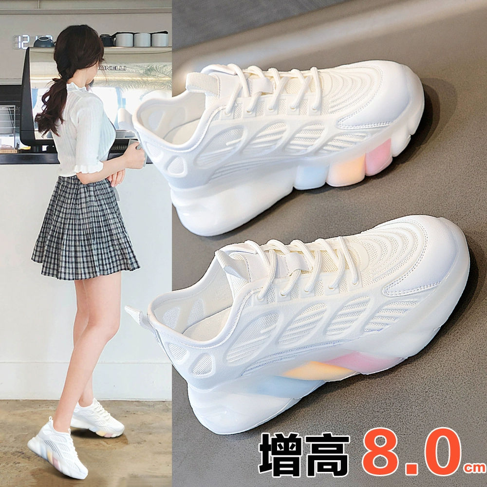 2025夏季新款内增高超火老爹鞋女厚底8cm网面透气运动休闲小白鞋